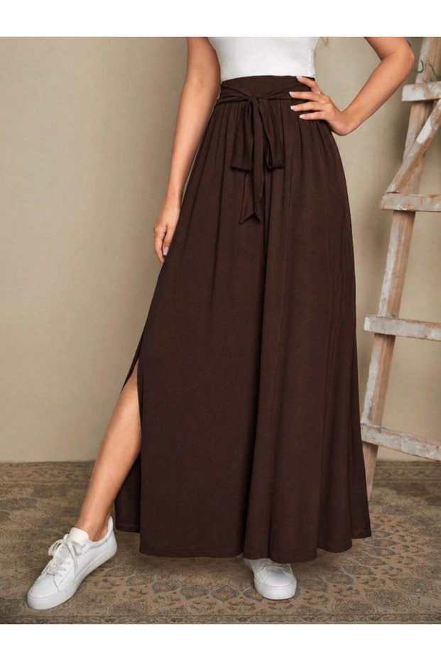 Women's High Waist Belted Long Sandy Skirt with Side Slits
