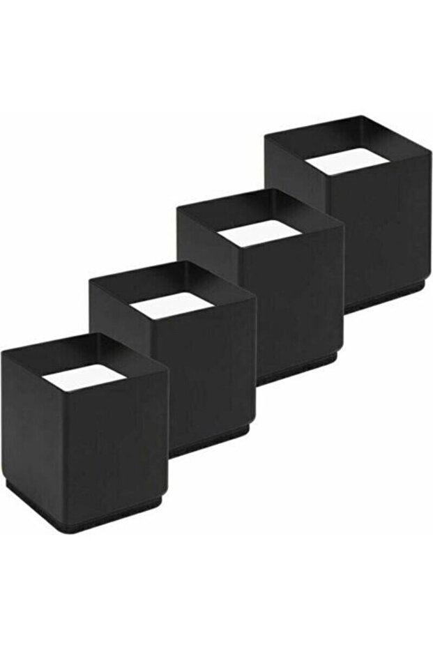 A set of 4 bed leg risers – made of carbon steel – increases height by 5 cm – suitable for desks and sofas – each riser can support 1100 kg.