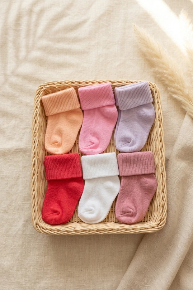 Cloudstep 6-Pack Premium Cotton Soft Textured Curled Toe Baby Socks Set - Colorful & Antial