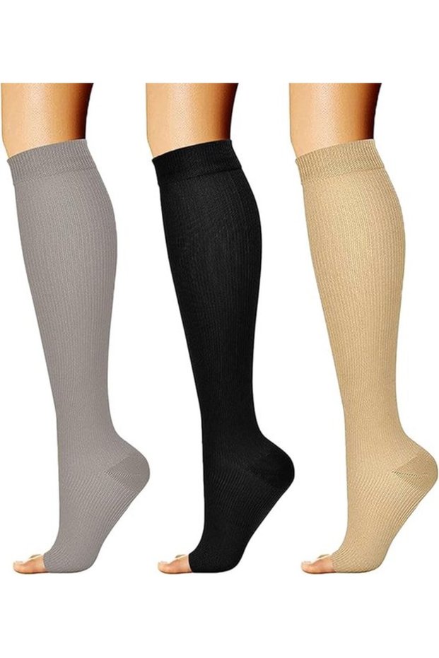 3 pairs of flight compression socks toeless support Open-toe Calf Women's Men Nurse Flying Travel L/XL 39-42