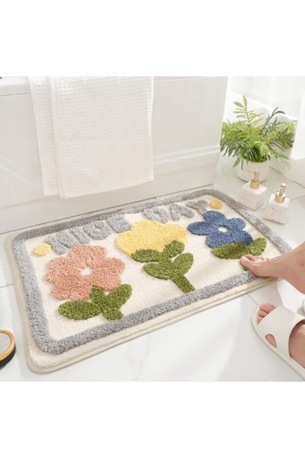 Bathroom mat, floral pattern, non-slip, machine washable - 50x80 cm