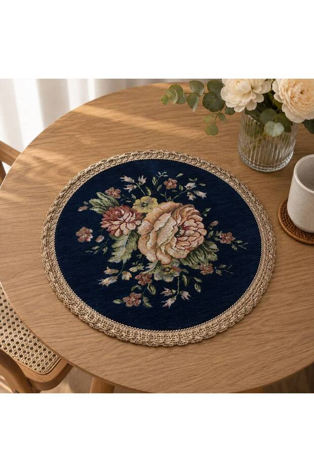 Vintage Bouquet Tapestry Fiskos Cover – 30 cm Round Decorative Coffee Table Cover