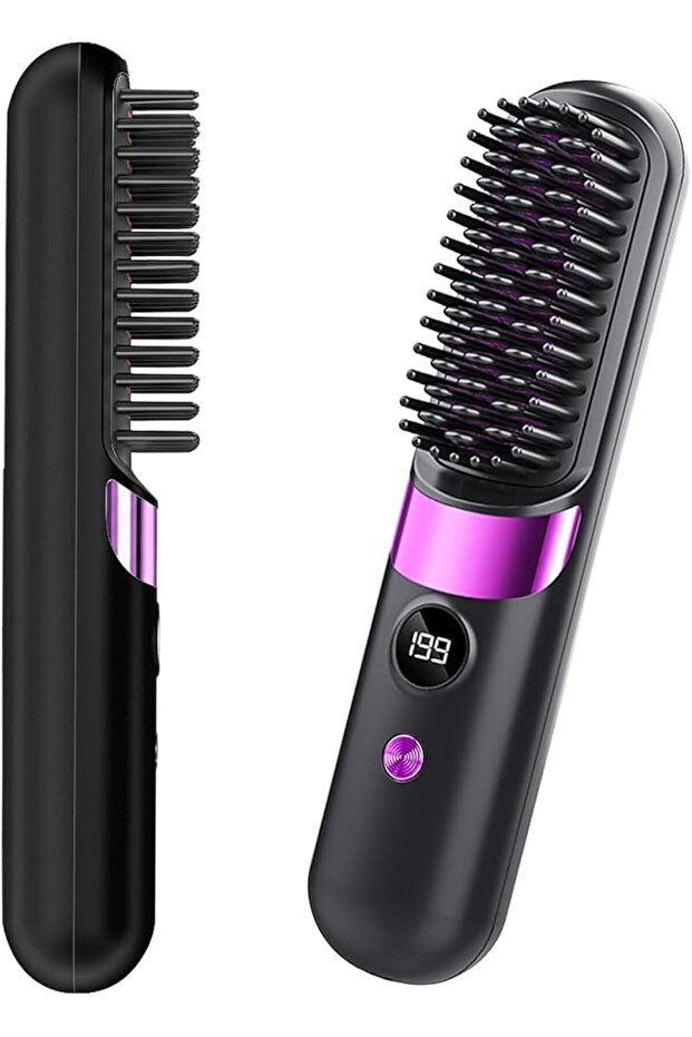 Portable Cordless Hair Straightener Brush with 4 Temp Modes & LED Display (Black)