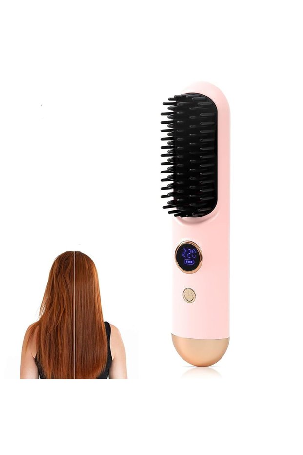 Straightening comb, mini portable flat brush, 9 adjustable temperature settings, heats up quickly, suitable for short hair and all hairstyles (pink).