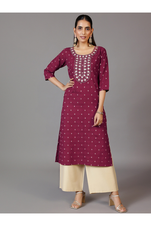 Maroon Self Design Cotton Straight Kurta