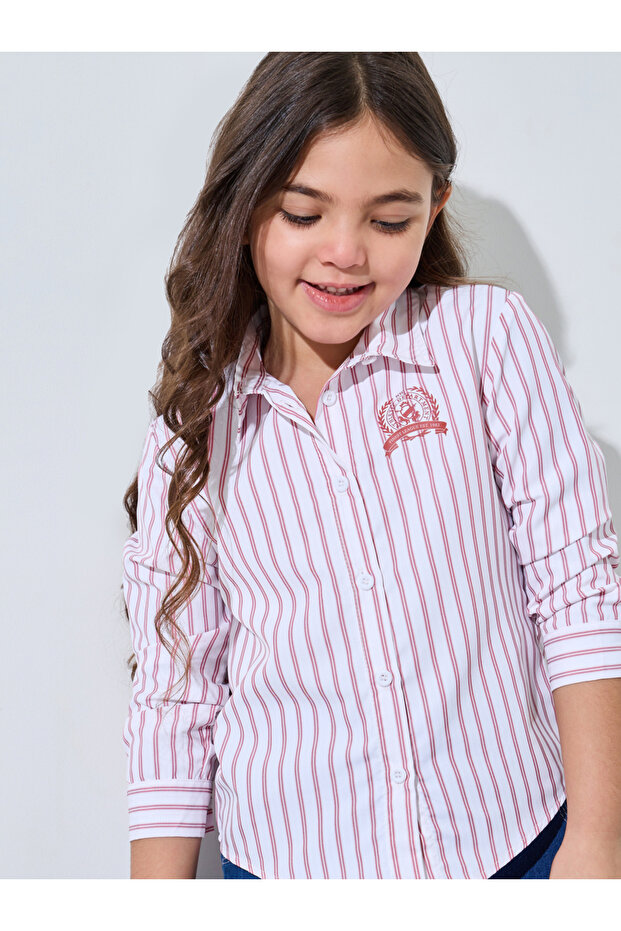 Girl Strip Long Sleeves Shirt with Side Logo Embroidery