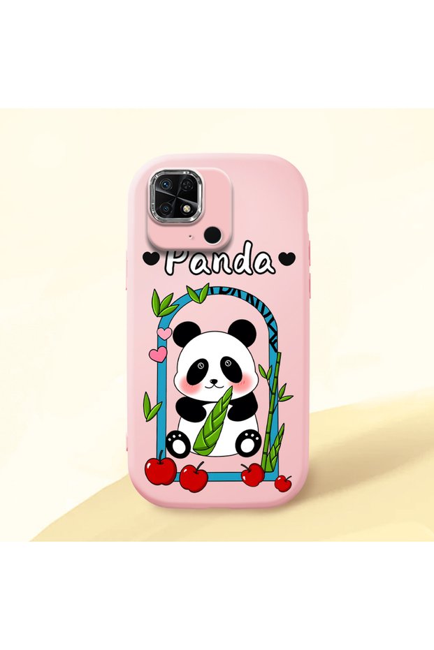 Redmi 10C Compatible Case Camera Protector Pink Silicone Couple Phone Case Panda Pattern