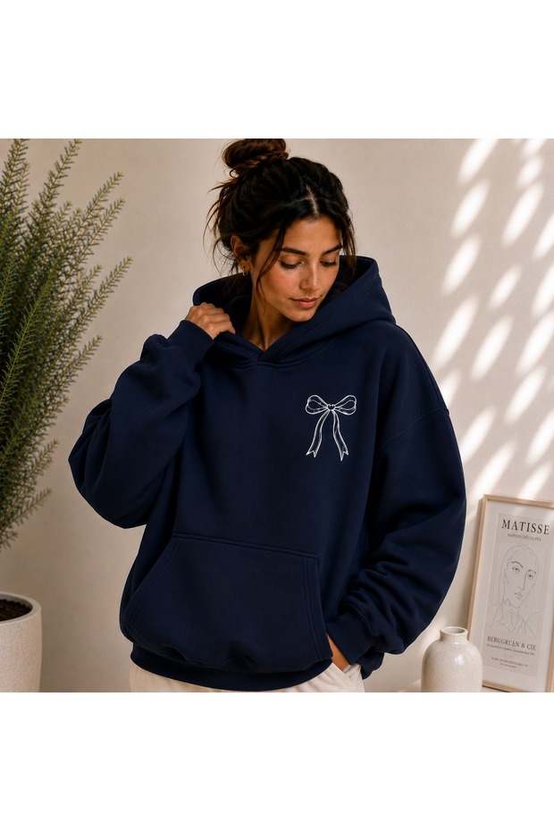 Women's Bow Printed Oversized Hooded Sweatshirt