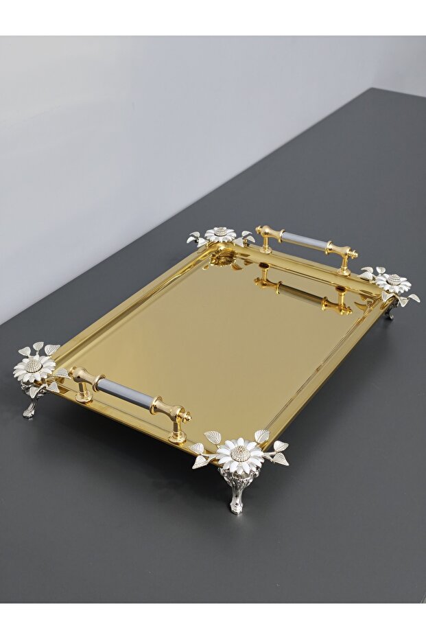 Figured, Metal Handle, Stainless Steel Rectangular Tray Luxury Presentation Tray North Gold-Silver