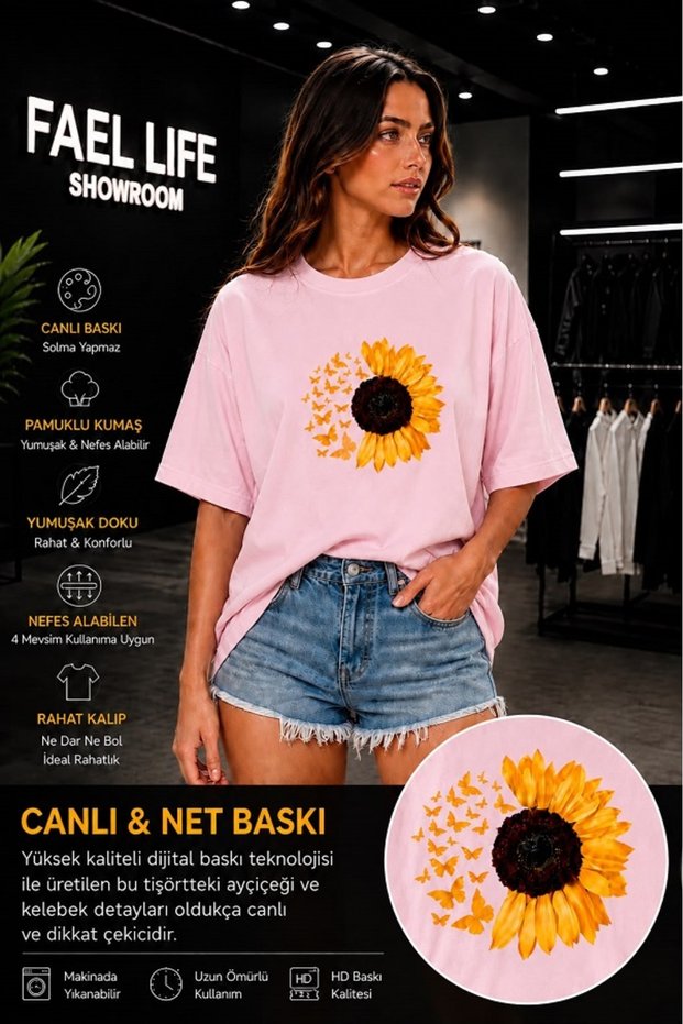 Unisex Wide Cut T-Shirt with Sunflower and Daisy Print