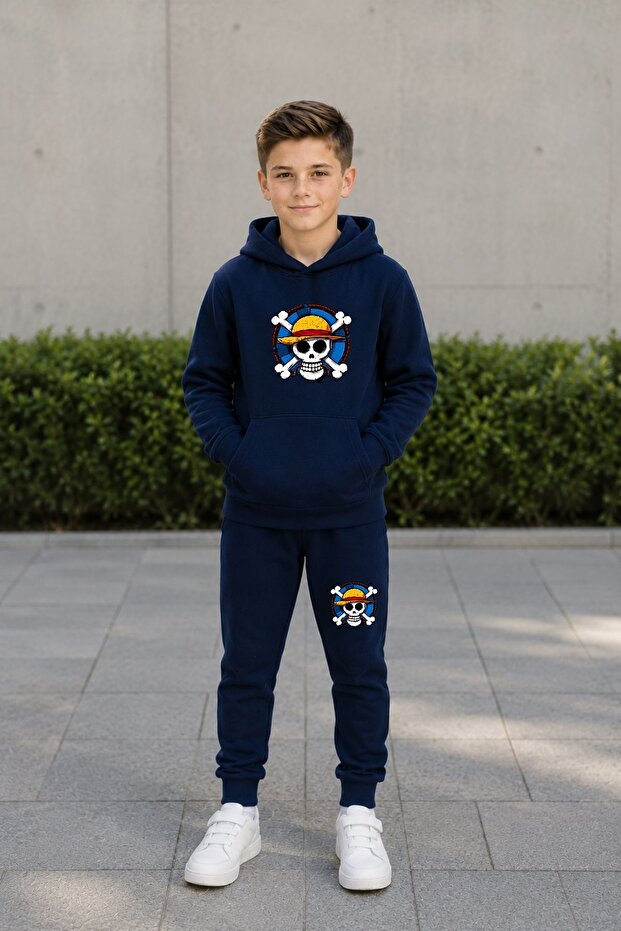 Busekids Printed Hooded Unisex Tracksuit Set with Kangaroo Pocket