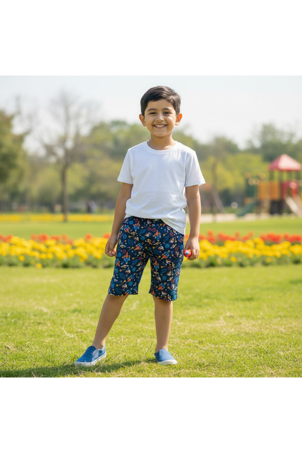 Boy's Cotton Space Star Printed Navy Blue Color Shorts Bb2780