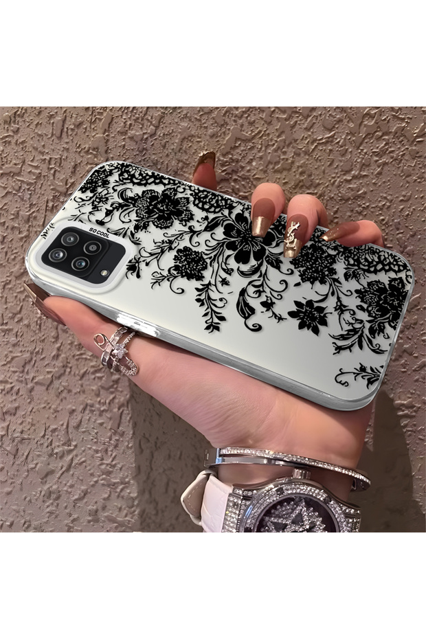 Samsung Galaxy A12/M12 Compatible Elegant Black Lace Flower Pattern Case, High Quality Phone Case
