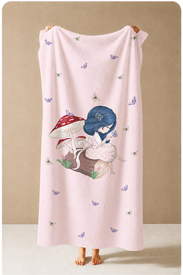 Fairy Tale Mushroom and Fairy Girl White Patterned 70X150 Beach Towel - Digital Printed Fade-Resistant Bath Towel
