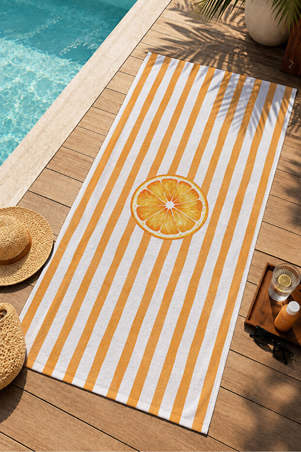 Retro Orange Striped Orange Slice Patterned 70X150 Beach Towel - Digital Printed Bath Towel