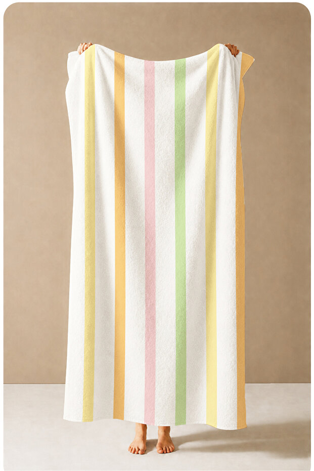 Pastel Yellow Pink Green Vertical Thin Striped Patterned 70X150 Beach Towel - Cotton Bath Towel