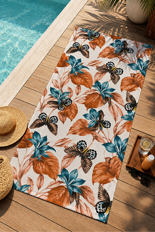 Vintage Butterfly and Botanical Patterned 70X150 Beach Towel - Digital Printed Fade-Resistant Bath Towel