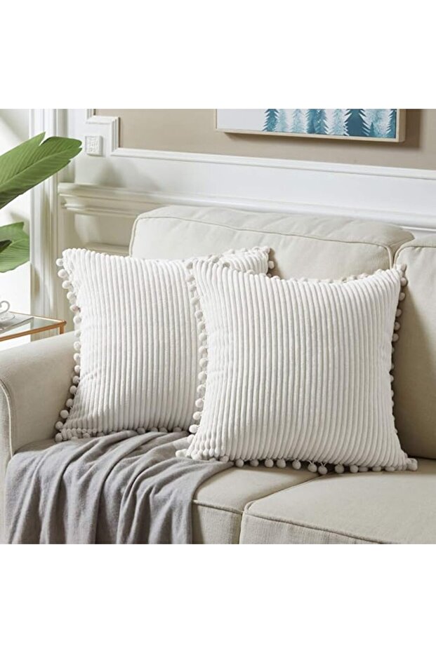 Pack of 2 Boho Decorative Throw Pillow Covers with Pom-poms, Soft Corduroy Accent Solid S