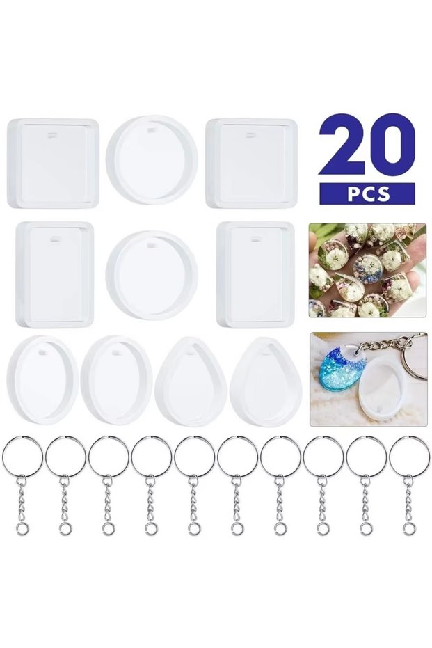 20pcs-Set 6/20pcs DIY Keychain Pendant Silicone Mold Set Crystal Epoxy Resin Mold Round Rectangle Pe