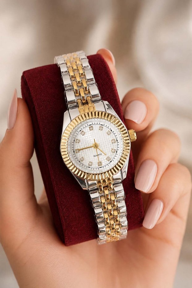 Ronny Women's Wristwatch – Two-Tone Silver and Gold Steel Band, Minimalist Design with Stones, Elegant Casual Watch