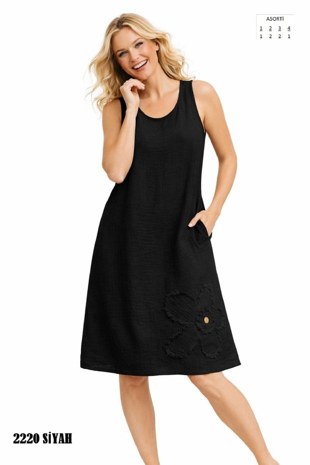 2220 Floral Detailed Muslin Shirt Dress
