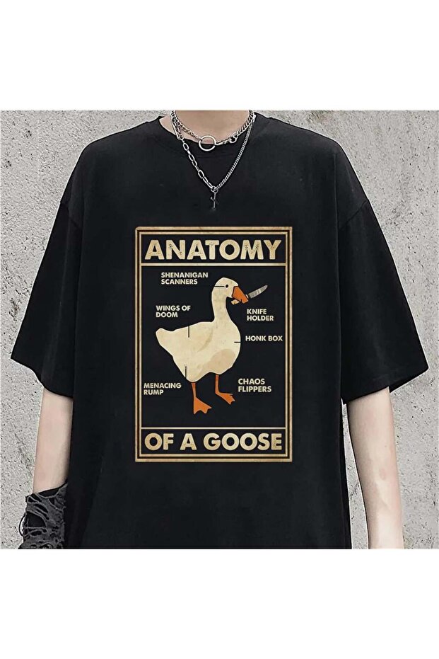 Mi̇ngalondon Duck Anatomy Printed Black Unisex Oversize T-Shirt