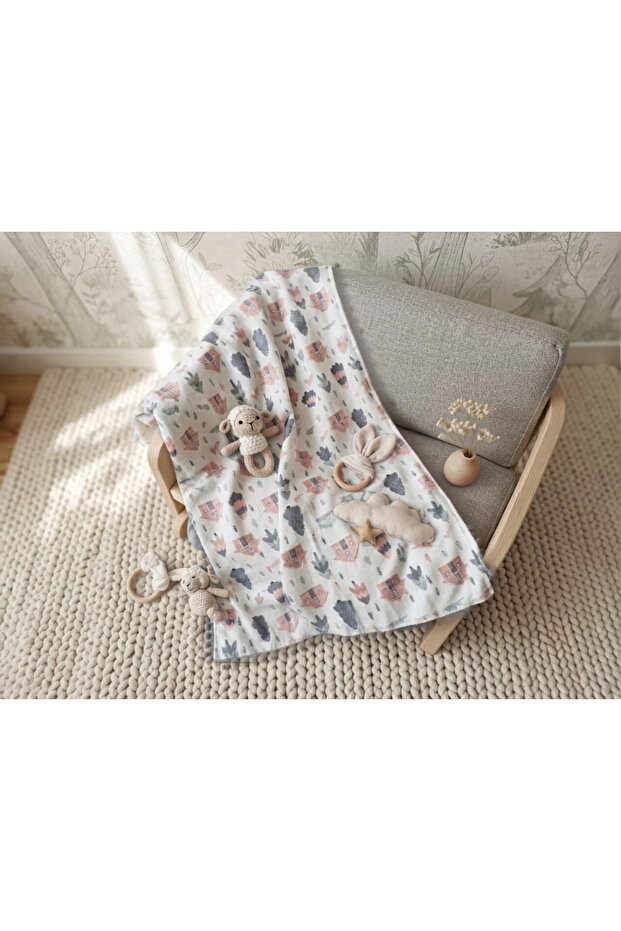 Home Patterned Cotton and Gray Muslin Double-Sided Baby Blanket