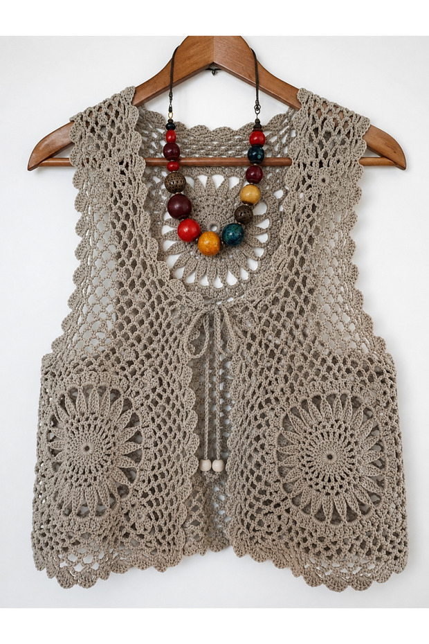 Women's Mink Motif Hand-Knitted Vest – Bohemian Lace Vest with Ties