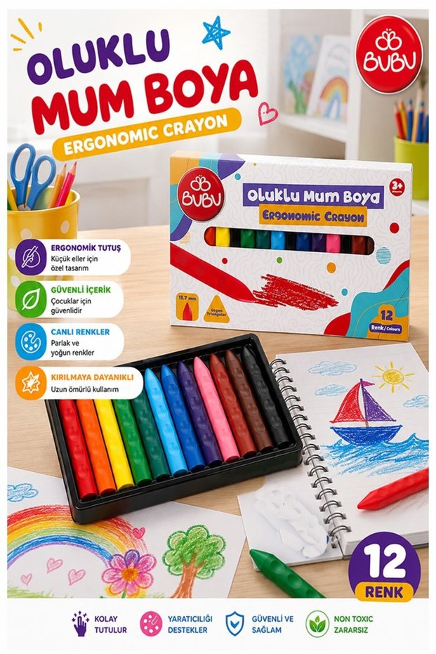 Corrugated Crayons 12 Pack 1 Pack Bubu 12 Colors Mumboya Non-Staining Washable Erasable Cardboard