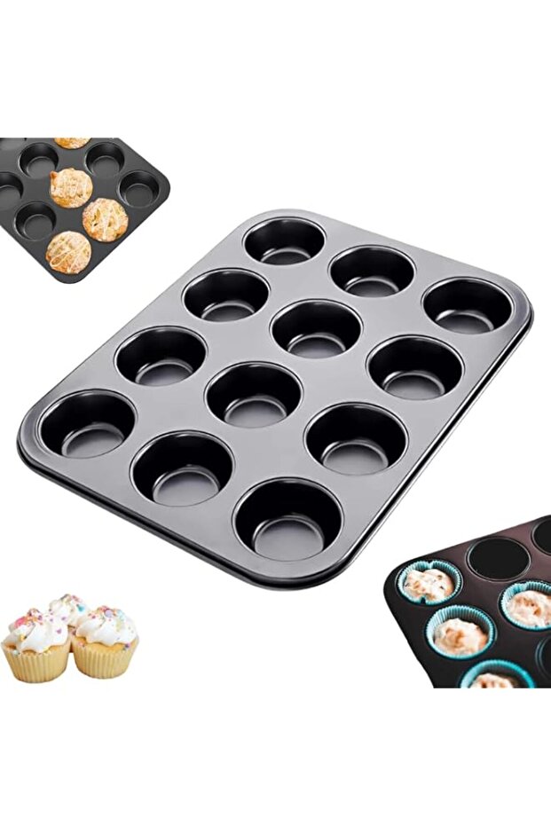 MARKQ 12-Cup Muffin Pan – Non-Stick Carbon Steel Cupcake & Muffin Tray | Rectangular Baking Pan for Muffins, Cupcakes, Egg Bites & Mini Desserts – Durable Oven-Safe Bakeware, Dishwasher Safe - Black