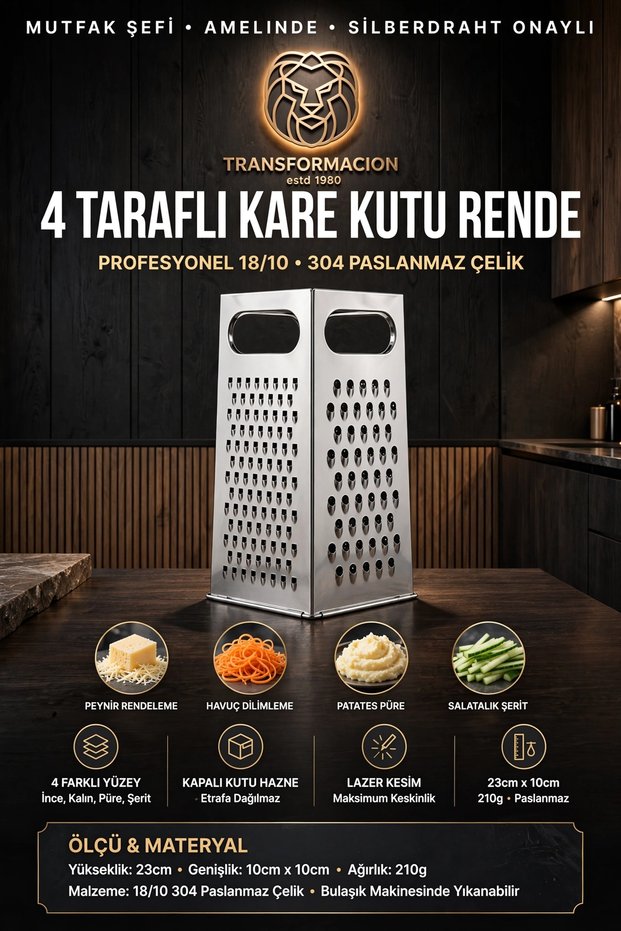 4-Surface Square Box Grater Vegetable Cheese Slicer Grinder Kitchen Grater 18/10 Stainless Steel 723474