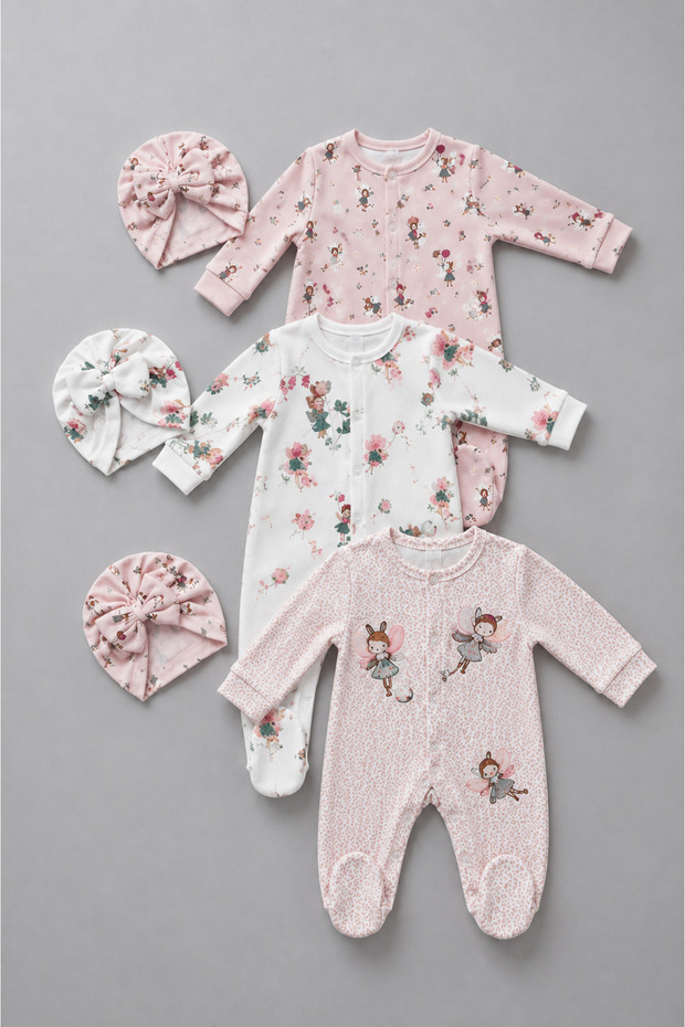 Fairy Patterned 6-Piece Baby Girl Footed Jumpsuit and Bow Hat Set 100% Cotton 0-3 Months