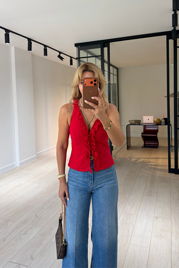 Ruffle Detailed Buttoned Red Poplin Blouse