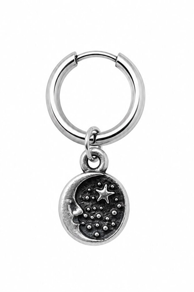 Unisex Silver Color Steel Dangle Authentic Face Crescent and Star Figured Hoop Earrings 1 Piece