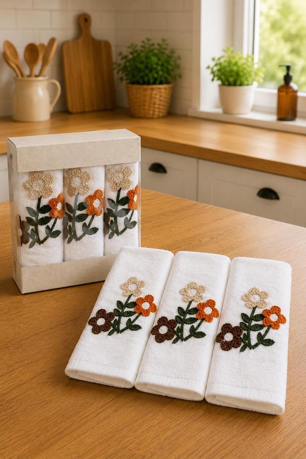 Spring 3-Piece Embroidered Gift Dowry Set 100% Cotton Kitchen Towel Set Boxed 30X50 cm