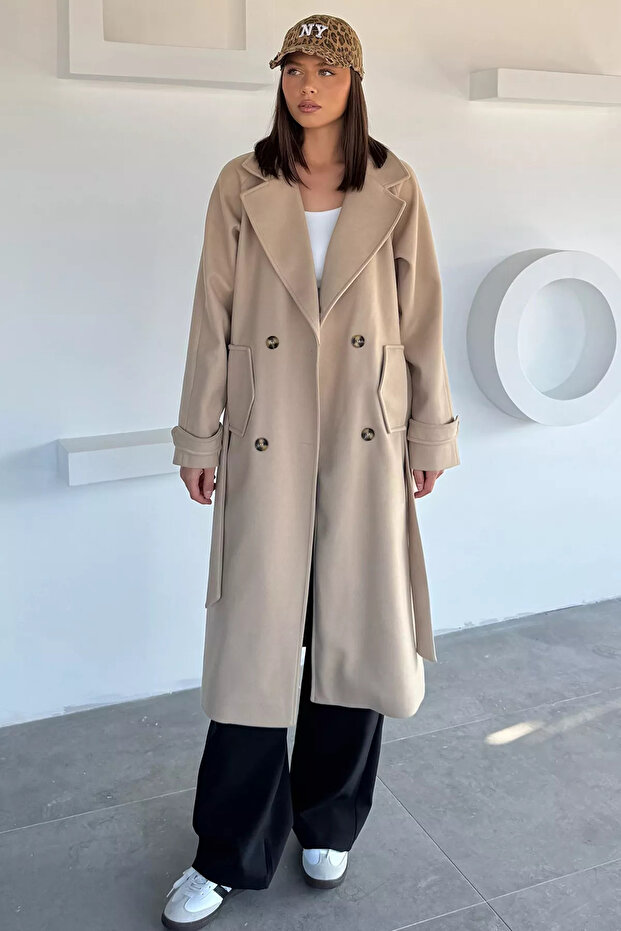 Beige Women's Double-Breasted Collar Cashmere Coat