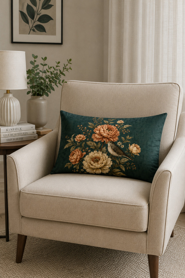 Bird and Peony Green 2-Piece Throw Pillow Cover 35X55 cm