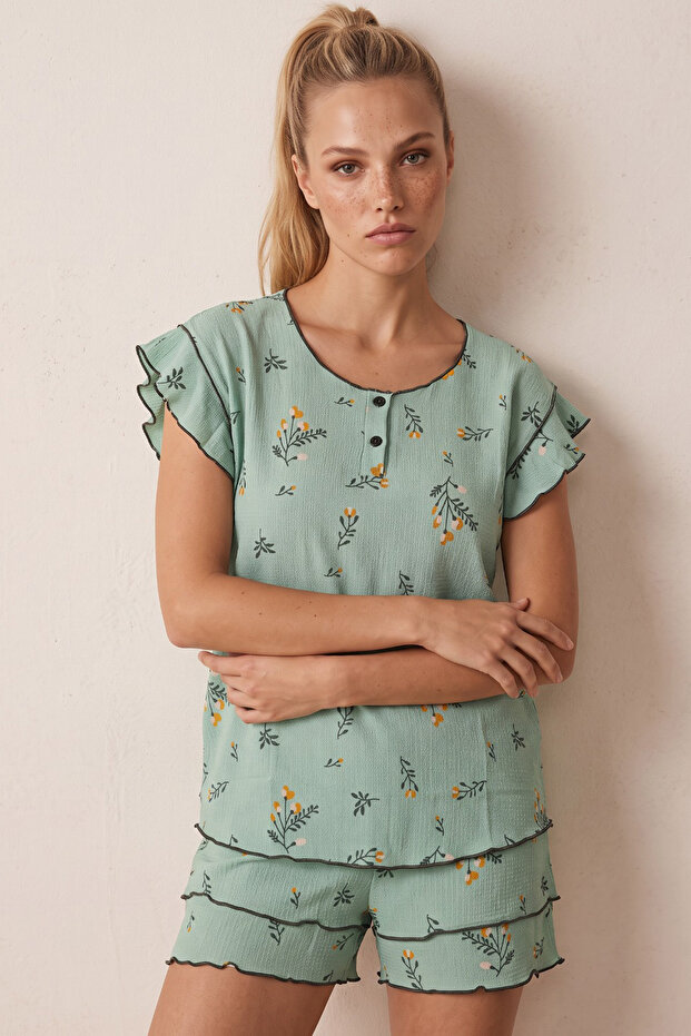 Green Floral Patterned Bürümcük-Krınkıl Shorts Pajama Set 26120175