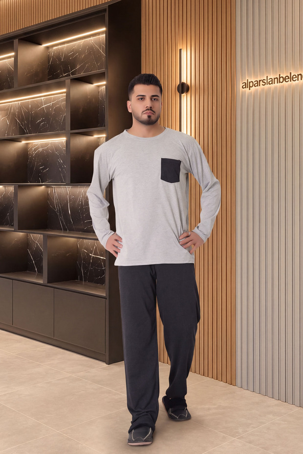 Pocket Detail Single Jersey Men's Pajama Set Gray