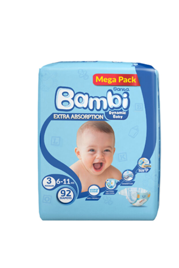 Bambi Diapers Medium Size 3 Mega Pack - 92 Diapers