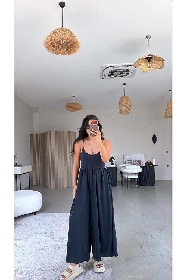 Black Pique Modal Thin Strap Loose Jumpsuit
