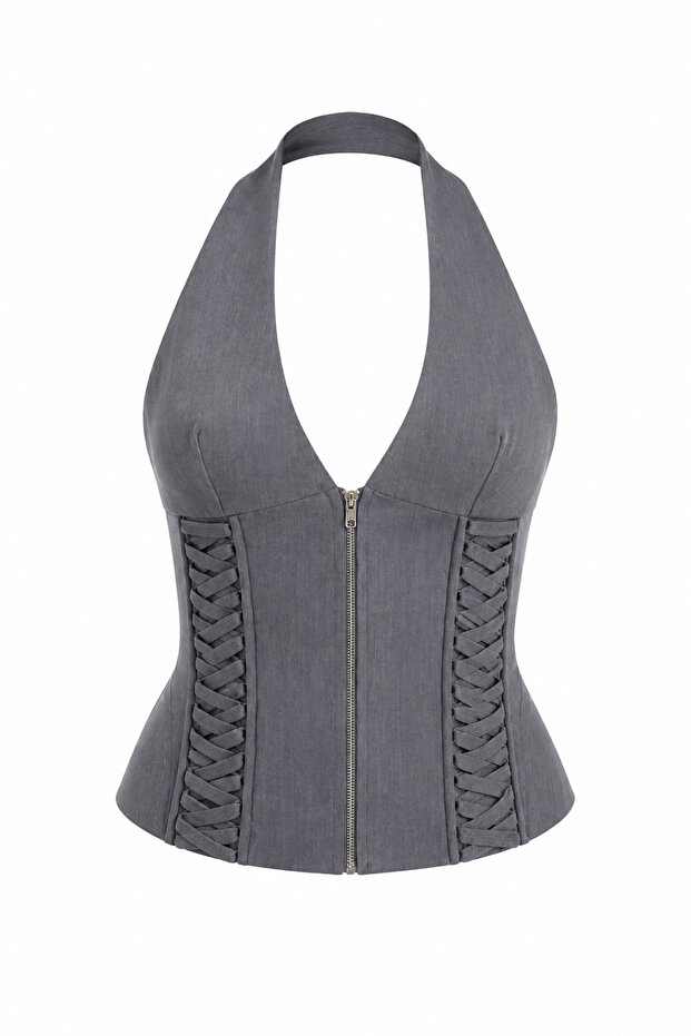 Halter Neck Gray Corset Blouse