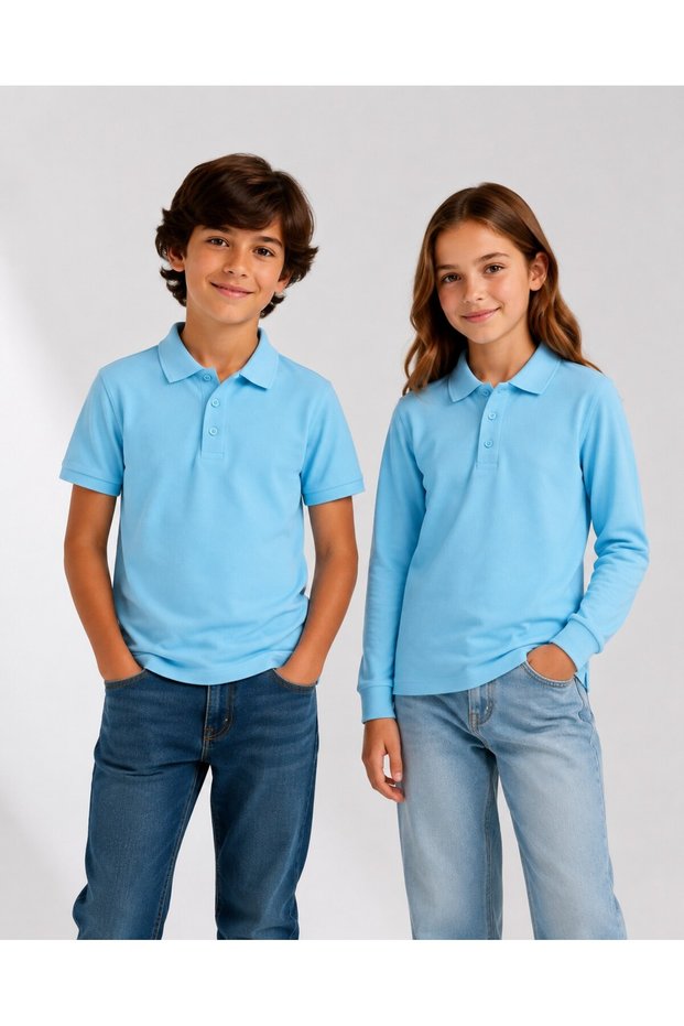 Girls & Boys Unisex Blue 100% Cotton Polo Collar Long and Short Sleeve 2-Piece T-Shirt