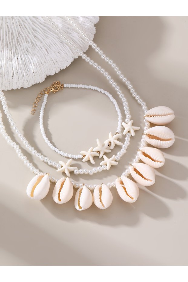 Pack of 3 - Pearls and Seashell Necklace and Bracelet