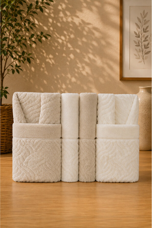 Mila 100% Cotton 6 Piece Family Bathrobe Set Beige - Ecru