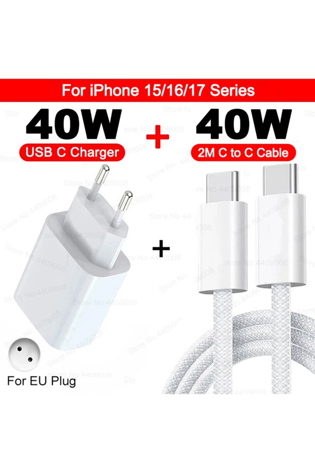 EU C to C 2M Cable Original 40W USB Type C PD Charger Fast Charging Cable For iPhone 17 16 15 14 13