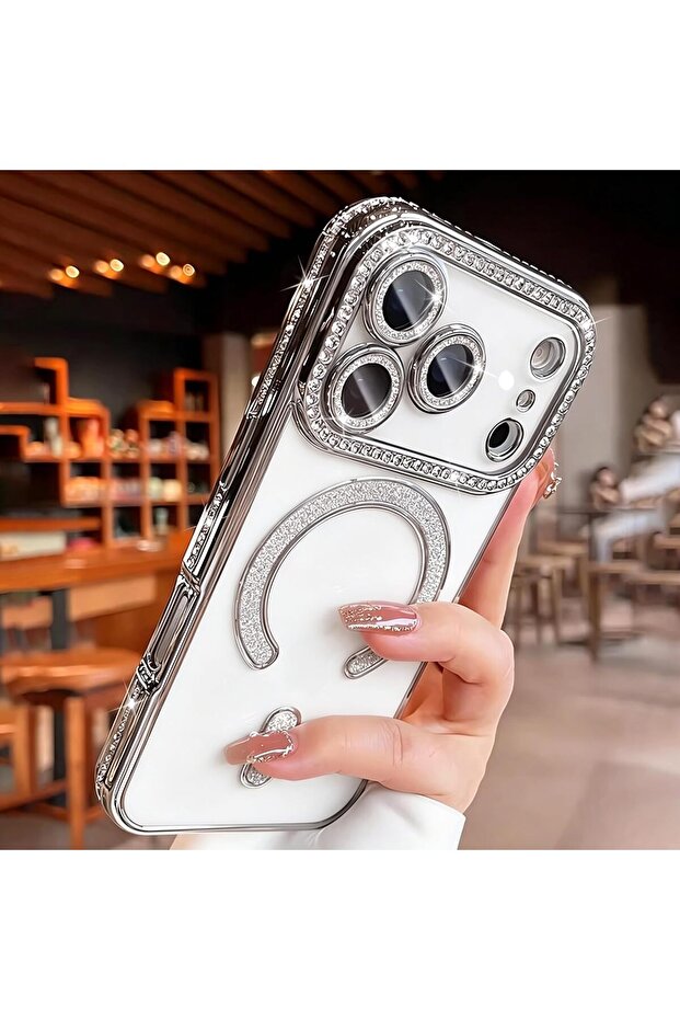 iPhone17 Pro Max Case & Camera Protector Silver Magnetic Sparkle Diamond for iPhone 17 Pro Max Case