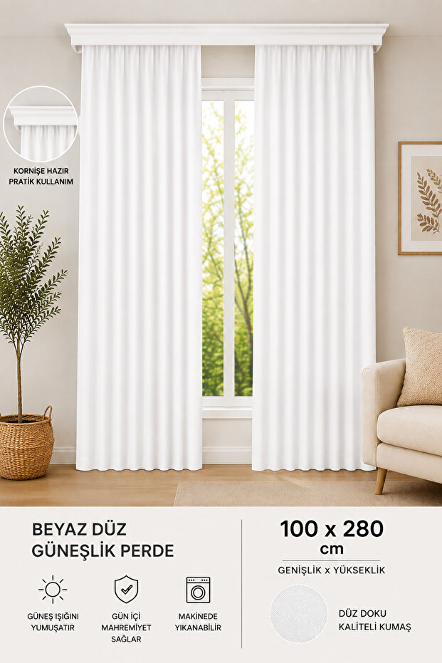 Plain Thick Sunshade Curtain Satin White – Curtain Ready for Cornice 100X280 cm