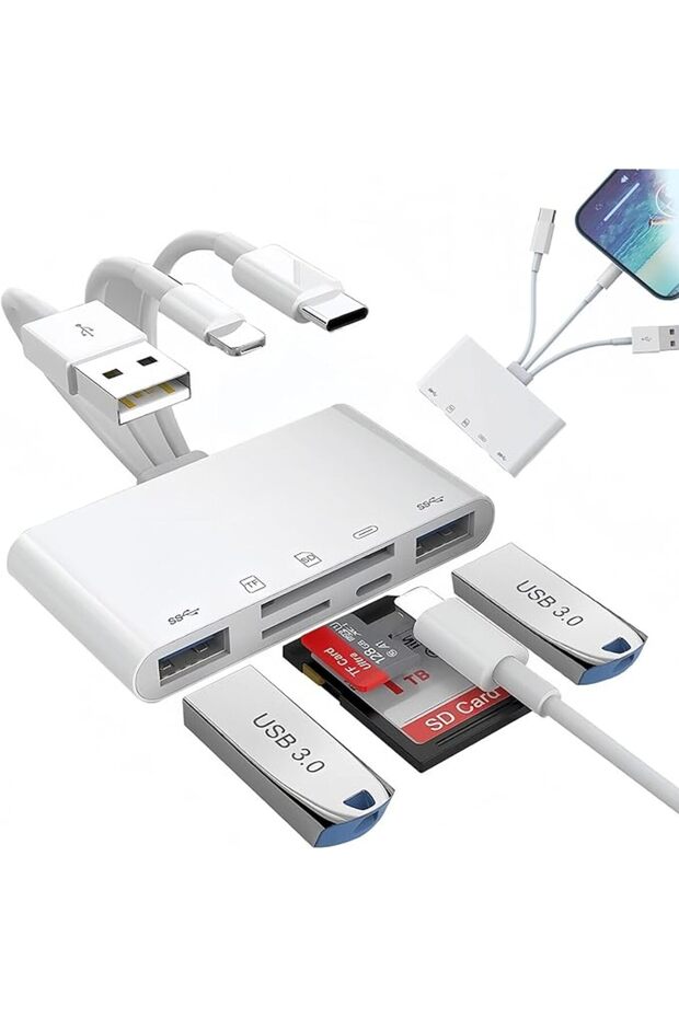 قارئ بطاقات SD 5 في 1 - قارئ بطاقات متوافق مع أجهزة iPhone/iPad، وأجهزة USB C و USB A، لبطاقات SD/Mic