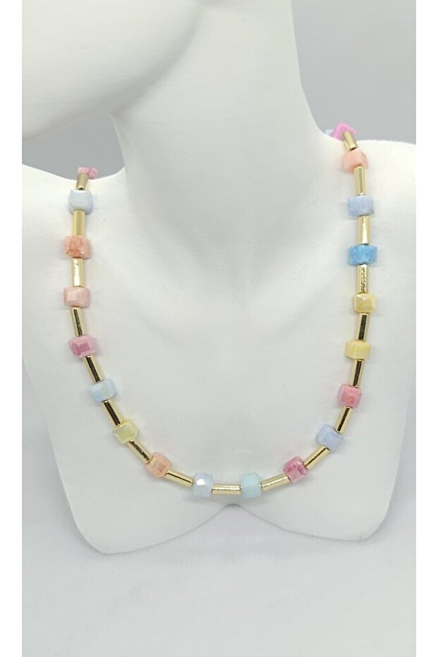 Cube Gold Color Pastel Stone Necklace (43+5 cm)